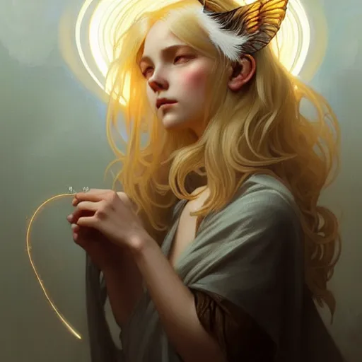 Image similar to Portrait of a girl angel with blonde hair, cat ears, glowing halo, wings, fantasy, intricate, elegant, highly detailed, digital painting, artstation, concept art, smooth, sharp focus, illustration, art by Krenz Cushart and Artem Demura and alphonse mucha