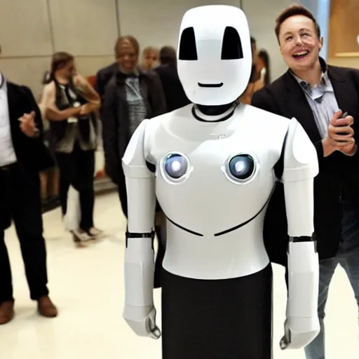 Image similar to elon musk standing and smiling in a headless robot costume. ai day