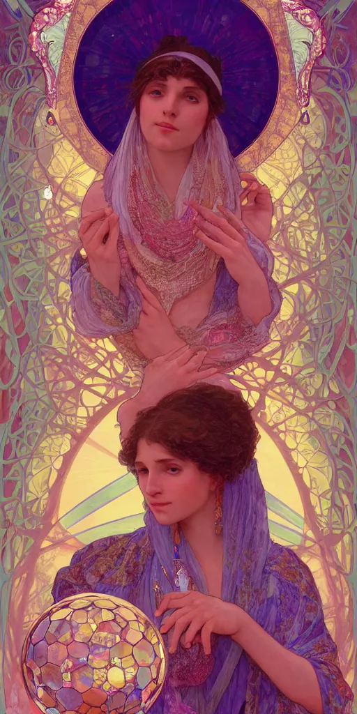 Prompt: a digital illustration of a fortune - teller gypsy woman with a crystal ball in her hand, iridescent scaled skin, refraction and reflections, translucent, shawl, robes, scarf, artstation, painting by alphonse mucha and bouguereau and ruan jia and conrad roset