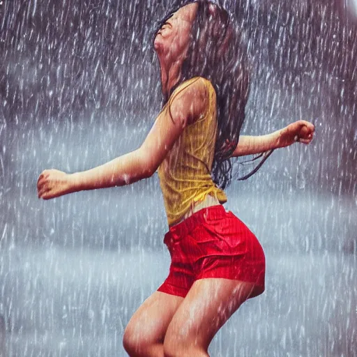 Image similar to banana wearing red shorts dancing in the rain, hyper detailed, photo realistic