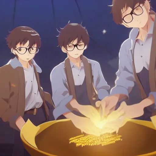 Prompt: three men wearing glasses stand next to shining gold crystals at an ore deposit, poster art by makoto shinkai, featured on pixiv, environmental art, official art, anime, movie poster