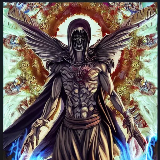 Image similar to 4K headshot of godlike Reaper of Nazareth with defined arms and open hands and bloody clothes with giant mandala wings , intricate face , flawless anime cel animation by Kentaro Miura, psychedelic , highly detailed upper body , professionally post-processed , beautiful, scary, symmetry accurate features, epic, octane rendered, anime masterpiece, accurate by Craig Mullins, ilya kuvshinov, krenz cushart, epic , artgerm trending on artstation by Edward Hopper and Dan Mumford and WLOP and Rutkovsky, beksinski carl spitzweg moebius and tuomas kocar, intricate artwork by caravaggio, Unreal Engine 5, Lumen, Nanite