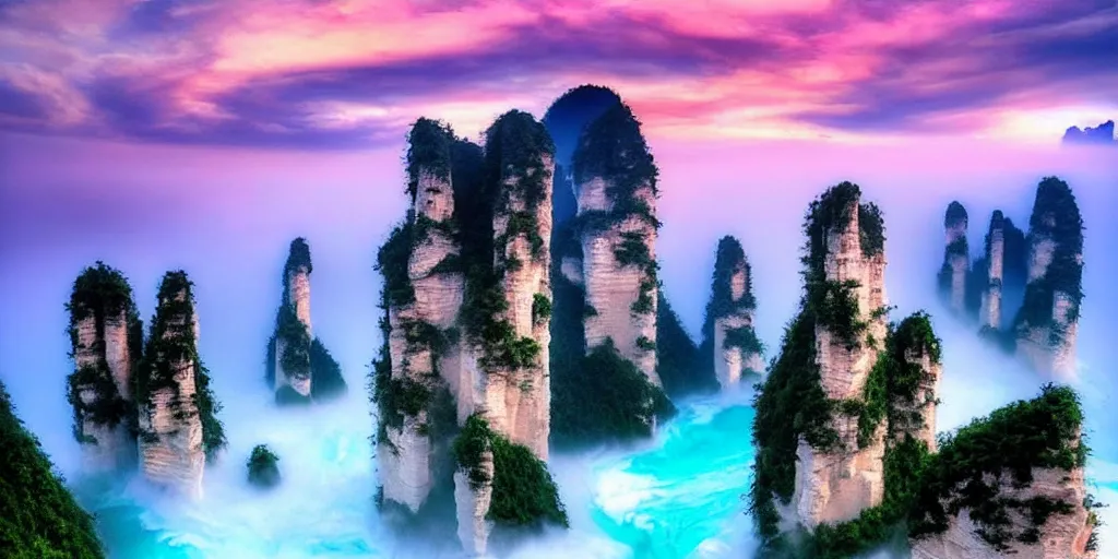 Prompt: Breath-taking beautiful beach on Jupiter!!!, rocks, clouds, mist, Zhangjiajie, An aesthetically pleasing, dynamic, energetic, lively, complex, intricate, detailed, well-designed digital art of beach on Jupiter!!, rocks, clouds, mist, Zhangjiajie in early morning, light and shadow, overlaid with aizome patterns, Shin-hanga by Thomas Kinkade and Bob Ross, traditional Japanese colors, superior quality, masterpiece, featured, trending, award winning, HDR, HD, UHD, 4K, 8K, anamorphic widescreen