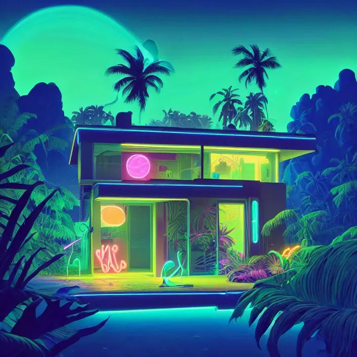 Image similar to a bioluminescent neon tropical cottage by paolo eleuteri serpieri and tomer hanuka and chesley bonestell and daniel merriam and tomokazu matsuyama, unreal engine, high resolution render, featured on artstation, octane, 8 k, highly intricate details, vivid colors, vector illustration