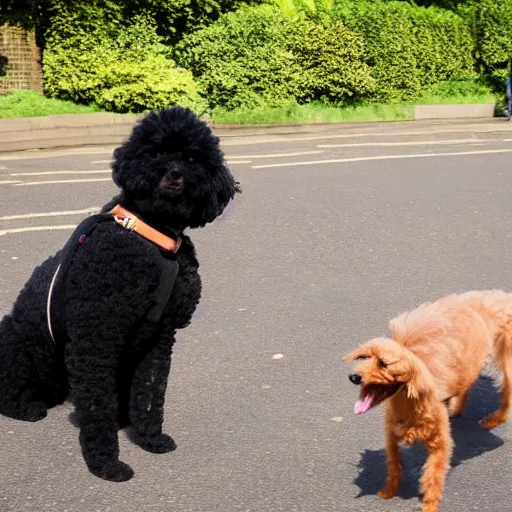 Image similar to black miniature poodle and a separate tan yorskshire terrier, they are two best friends walking through london 35mm 4k IMAX sharp focus