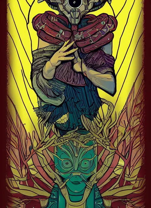 Prompt: tarot card illustration for the beholder, modern reimagining, digital art, stylish, sharp colours, trending on artstation