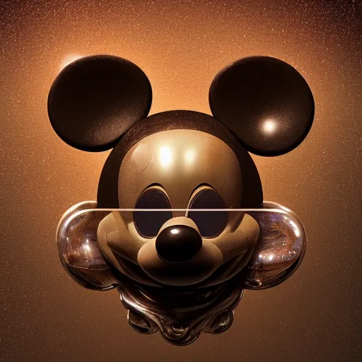 Image similar to mickey mouse head, fractal, broken, wet, mycelium, jupiterian, radiant alien, rococo, baroque, automotive, bio-mechanical, porcelain, iridescent sub surface scattering, octane render