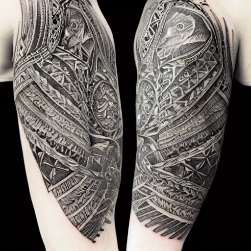 Prompt: photograph of a sleeve tattoo, black ink, intricate celtic pattern in the shape of a raven, highly-detailed, beautiful, award winning, 8k