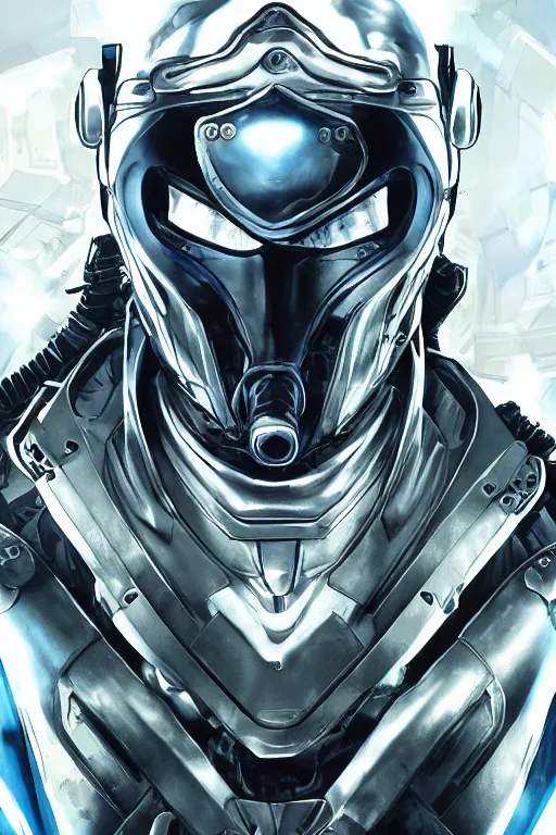 Image similar to cyber cyborg ninja mask helmet metal gear solid artic suit swat commando, global illumination ray tracing hdr fanart arstation by sung choi and eric pfeiffer and gabriel garza and casper konefal, a spectacular view cinematic rays of sunlight comic book illustration, by john kirby