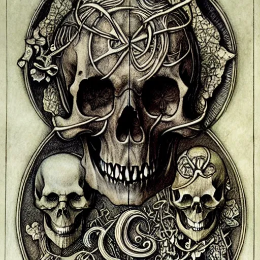 Image similar to memento mori by arthur rackham, detailed, art nouveau, gothic, ornately carved beautiful skull dominant, intricately carved antique bone, skulls, botanicals, art forms of nature by ernst haeckel, horizontal symmetry