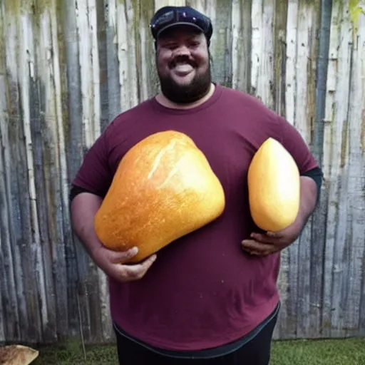 Image similar to fat man holding the worlds largest yam
