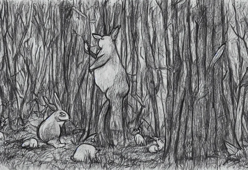 Prompt: drawing of a sighting of big chungus in a forest, award winning drawing, high detail