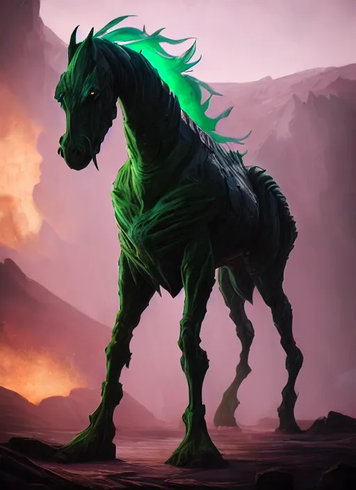 Image similar to an epic fantasy comic book style portrait painting of an giant abyssal green alien horse, humanoid, menacing. unreal 5, daz, hyperrealistic, octane render, cosplay, rpg portrait, dynamic lighting