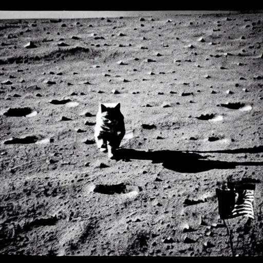 Image similar to A photo of a cat's first landing on the Moon, 1969, Apollo 11 mission, old camera, restored from the archives