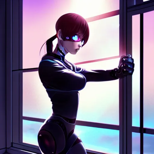 Prompt: a large reflective shattering window, beautiful cyborg - girl punching into a large reflective shattering window, window reflections, reflective, mirror reflection, refractions on lens, full round face, biomechanical details, cyberpunk anime art, full body shot, lens flare, wlop, ilya kuvshinov, artgerm, krenz cushart, greg rutkowski