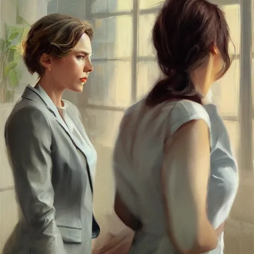 Image similar to epic cinematic hyperrealism masterpiece where 2 business women appear talking. realistic poster with shaded lighting by craig mallismo, artgerm, jeremy lipkin and michael garmash, unreal engine, radiant light, detailed and complex environment, digital art, art station trends