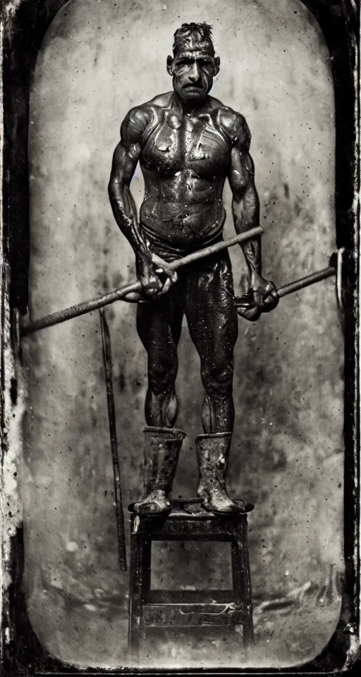 Prompt: a wet plate photograph, a portrait of a muscular blacksmith