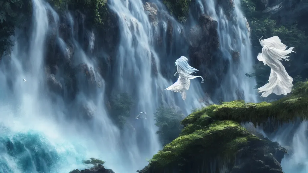 Prompt: a flying ghost!!!, close up, waterfall in the background, hyperdetailed, artstation, cgsociety, 8k