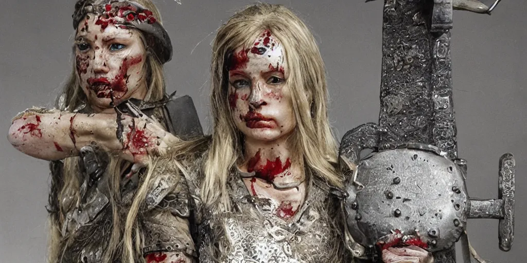 Prompt: a beautiful viking female warrior, covered in blood, highly detailed.