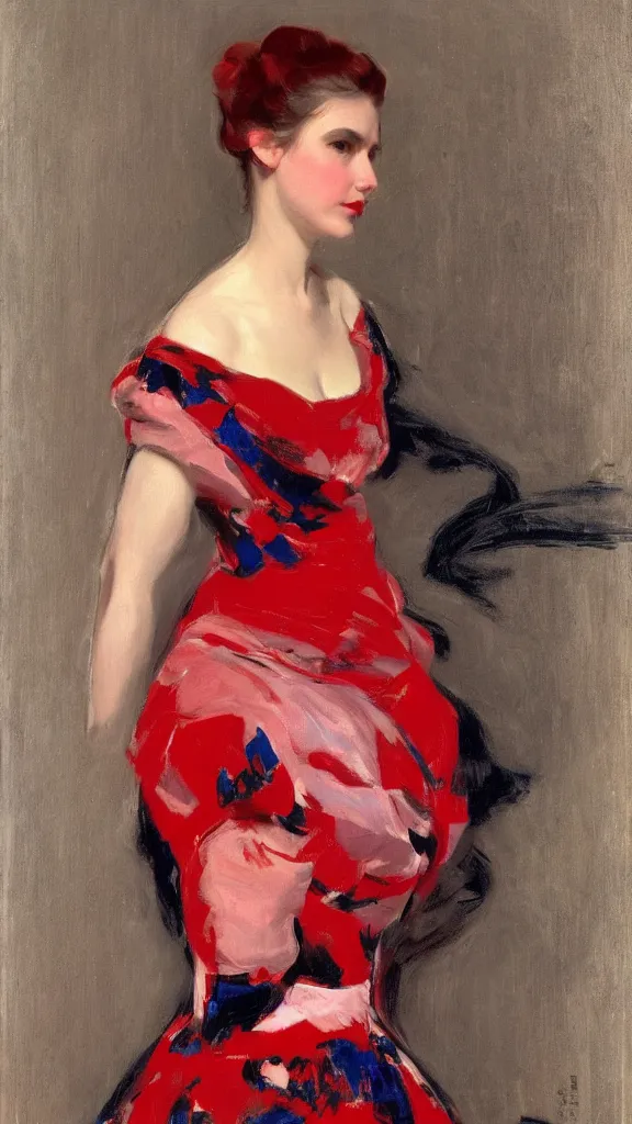 Image similar to portrait of rebekah delrio in lynch pattern dress and red ros on hair, blue and red lights painted by john singer sargent