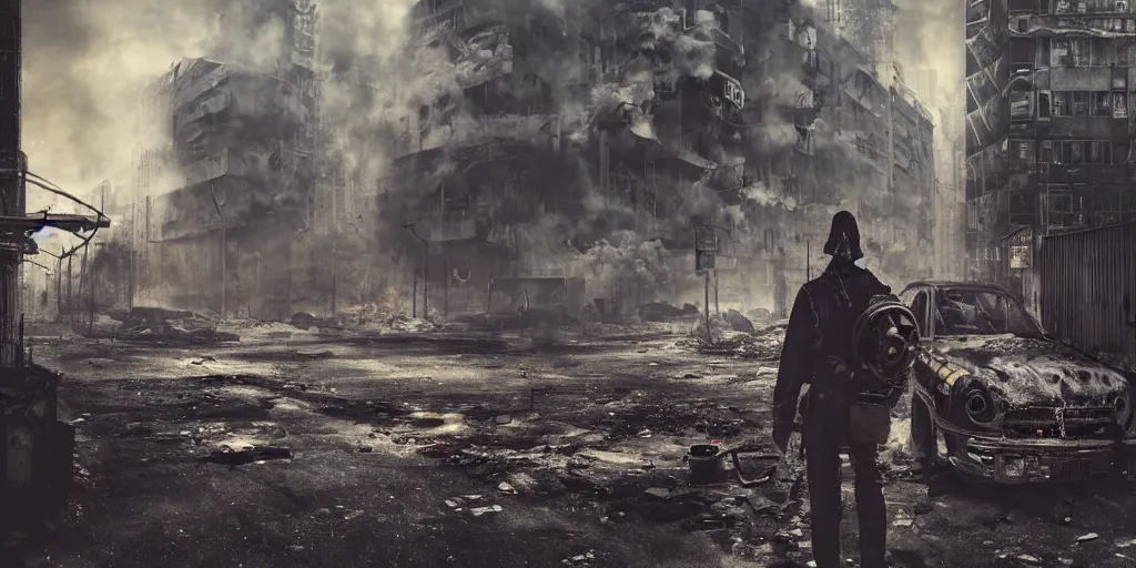 Image similar to post - apocalyptic city streets, close - up shot of an anarchist with a gasmask, burning cars, explosions, acid color smoke, hyperrealistic, gritty, damaged, dark, urban photography, photorealistic, high details