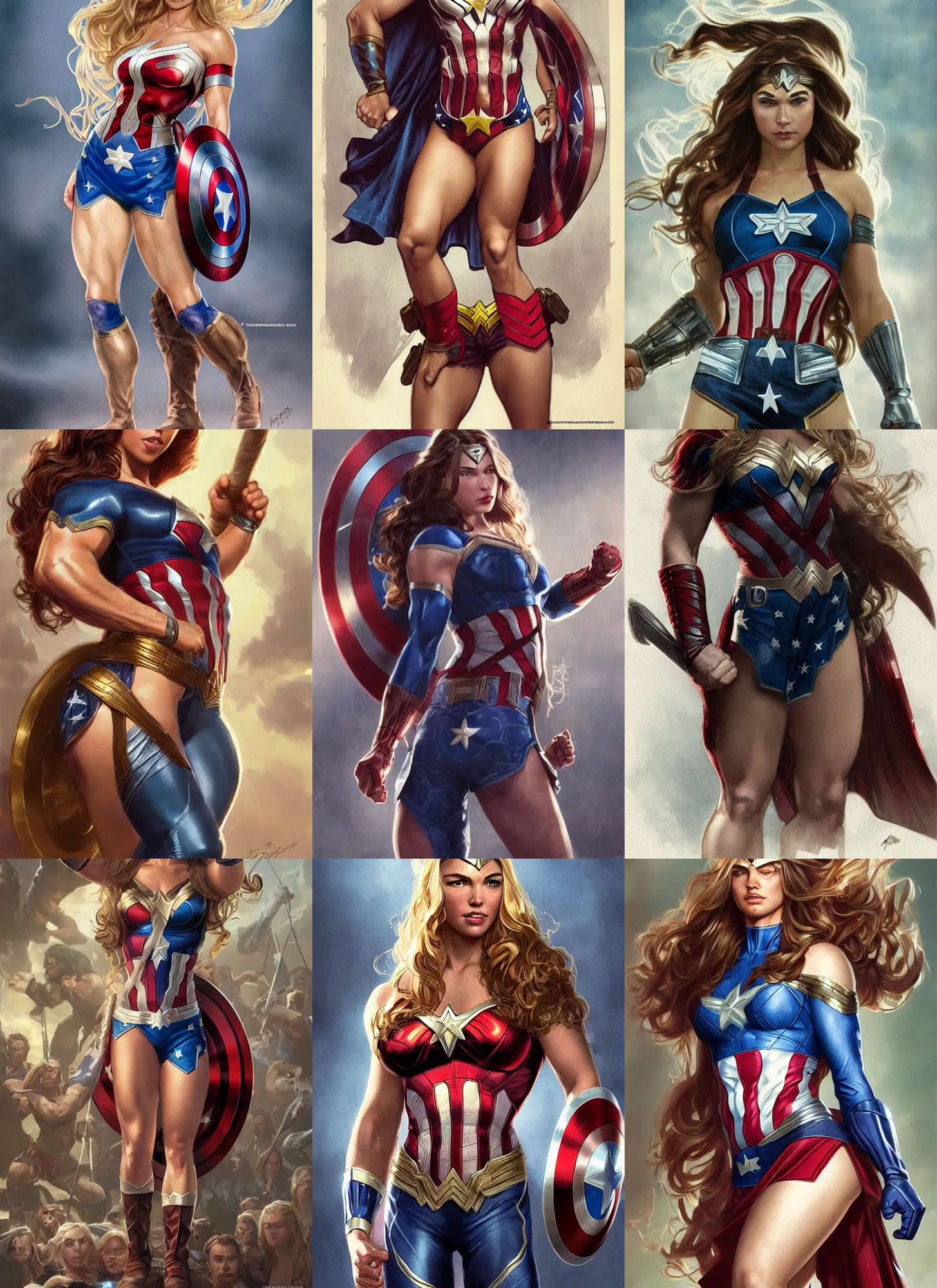 Prompt: a very muscled young april with a mischievous face and extremely long blonde wavy hair dressed as teen superhero, captain america, wonder woman, intricate detailed face, artgerm, greg rutkowski, alphonse mucha