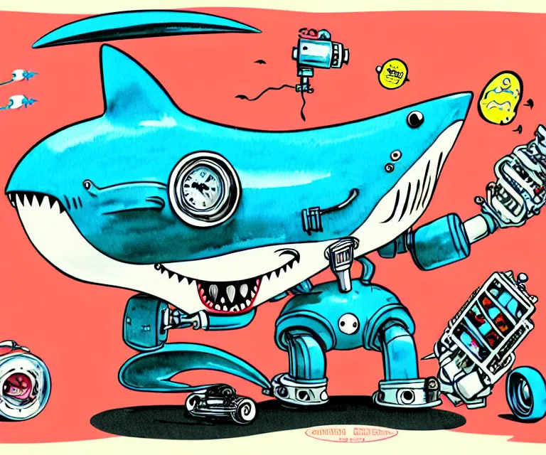 Prompt: cute and funny, robot shark, wearing a helmet, driving a hotrod, oversized enginee, ratfink style by ed roth, roth's drag nut fuel, centered award winning watercolor pen illustration, isometric illustration by chihiro iwasaki, the artwork of r. crumb and his cheap suit, cult - classic - comic,