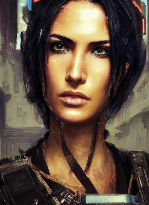 Prompt: Nikki. dangerous beautiful cyberpunk female USN marine wearing a military vest and military jumpsuit (cyberpunk 2077, bladerunner 2049). gorgeous face. Iranian orientalist portrait by john william waterhouse and Edwin Longsden Long and Theodore Ralli and Nasreddine Dinet, oil on canvas. Cinematic, hyper realism, realistic proportions, dramatic lighting, high detail 4k