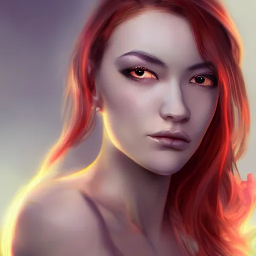 Prompt: human Flame Dragon princess, digital art, 8k ,character ,realistic, portrait, hyperrealistic, heroine, beautiful
