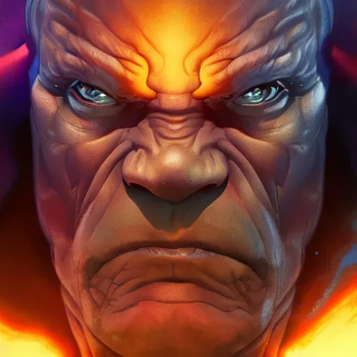 Prompt: characters portrait of Darkseid mixed with Thanos by ArtGerm and Tom Bagshaw, close up shot, merged character, Full body shot, cinematic opening shot, 4k, highly detailed, cinematic lighting