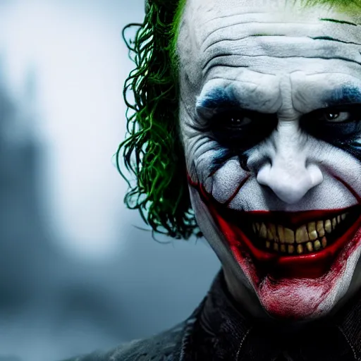 Prompt: the joker in game of thrones, 4 k, epic, cinematic, focus, movie still, serious, extreme detail, atmospheric, dark colour