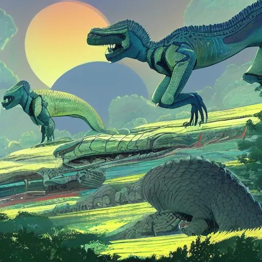 Image similar to concept art painting of an alien world full of alien dinosaurs, detailed, cel shaded, in the style of makoto shinkai and moebius and james gurney