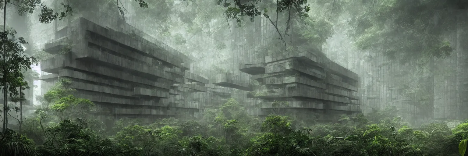 Prompt: brutalist architecture inspired by louis kahn deep in the rainforest. nature is taking over. matte painting. concept art. color scheme dark green and dark yellow. mist. cinematic.