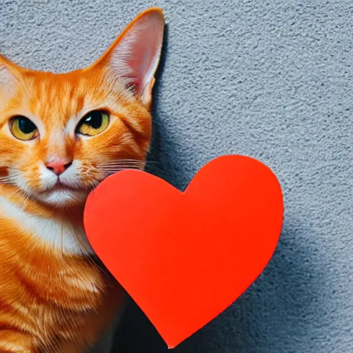 Prompt: cute orange tabby cat holding a sign with a red heart symbol