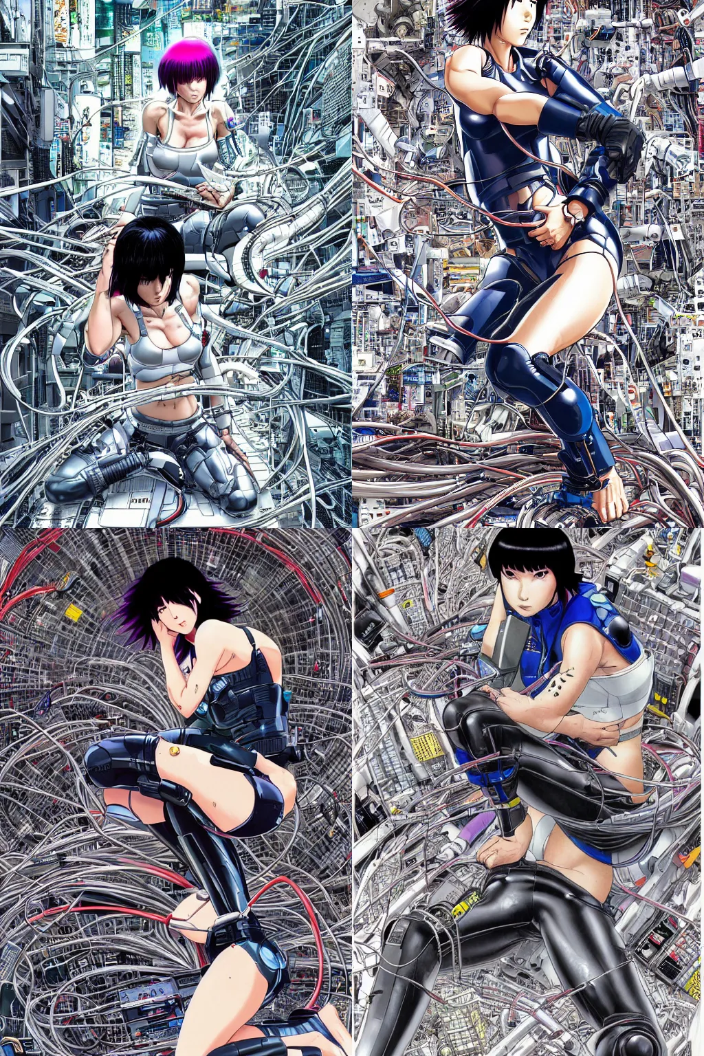 Prompt: motoko kusanagi kneeling on a white, empty floor, with a mess of wires and cables coming out of her head and backside, by masamune shirow and katsuhiro otomo, illustration, cyberpunk, hyper-detailed, colorful, complex, super intricate, masterpiece, epic