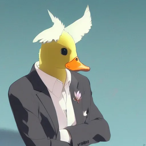 Image similar to a duck wearing a business suit, illustration concept art anime key visual trending pixiv fanbox by wlop and greg rutkowski and makoto shinkai and studio ghibli and kyoto animation symmetrical facial features