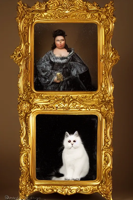 Image similar to a magnificent tintype portrait of a fluffy fat royal cat on an embroidered velvet cushion on a neo - rococo gilded little bed, by david lachapelle, photorealistic, photography, wide shot