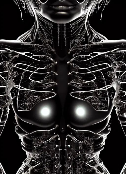 Prompt: organic cyborg full frontal torso close-up, vivid blackest black satin plastic, diffuse lighting, fantasy, intricate, elegant, highly detailed, lifelike, photorealistic, digital painting, artstation, illustration, concept art, smooth, sharp focus, art by John Collier and Albert Aublet and Krenz Cushart and Artem Demura and Alphonse Mucha