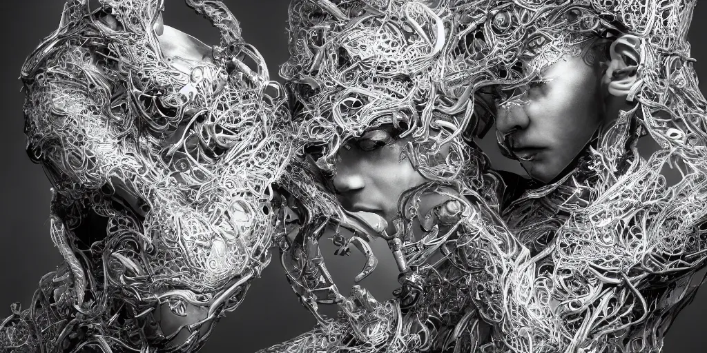 Image similar to hyperrealistic photography of a stunningly beautiful cyborg male, consciences being installed sci - fi, intimate, intricate filigree, fibonacci, in the style of beth cavener, jin kagetsu, and wlop, highly detailed, chrome face symmetry, masterpiece, award winning, sharp focus, concept art, high key, ambient lighting, 8 k, octane render,