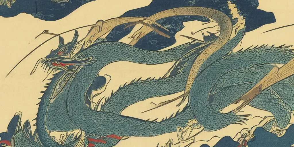 Prompt: ukiyo - e woodblock print of a water dragon flying over a shinto shrine, by hokusai