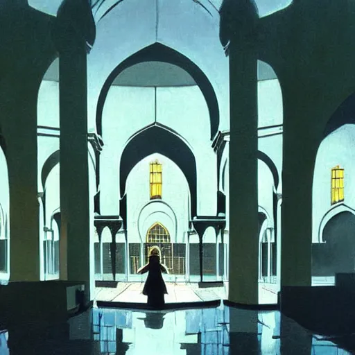 Image similar to beautiful woman, courtyard, capital, mosque interior, reflections, control panel, watcher, omniscient, tech noir, few neon signs, syd mead, matte painting, speed painting, chiaroscuro, oil on canvas