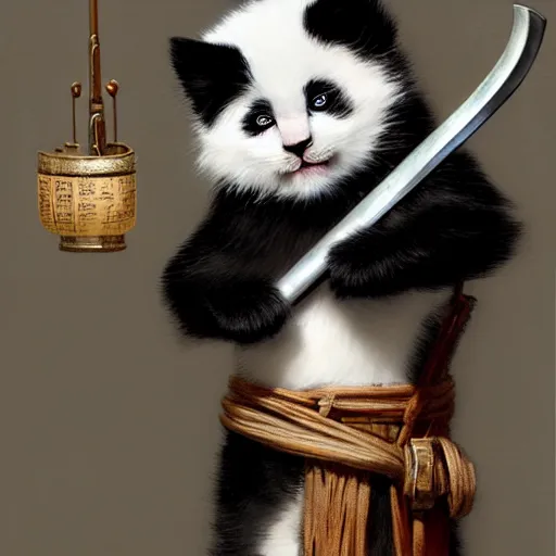 Image similar to cute kitten with panda body and cat face, in a kimono, holds a sword, artwork by greg rutkowski, highly detailed, matte painting 4 k