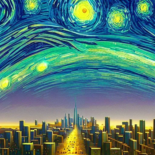 Image similar to starry night sky futuristic city of light synthwave bright neon colors highly details cinematic, vladimir kush, philippe dru, roger deal, michael whelan,