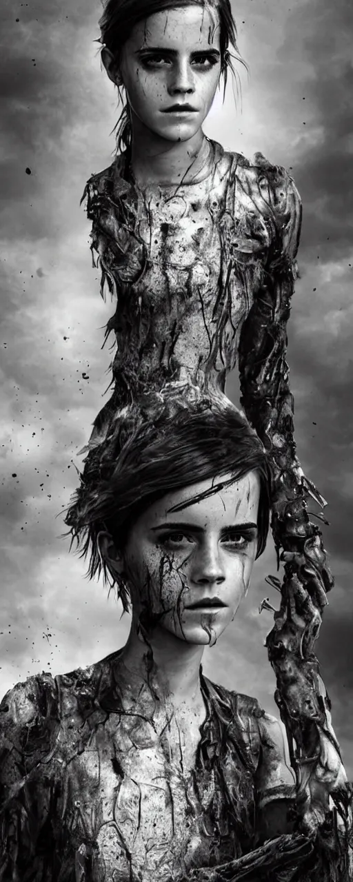 Image similar to Emma Watson dishevelled photorealistic portrait grimy sweating wet face dirty t-shirt and torn jeans in broken biomechanical fractal armour abandoned sci-fi gas station, dark and dim atmospheric smog trending on artstation 8k matte painting, dramatic lighting, dramatic shadows professional photograph by Cecil Beaton