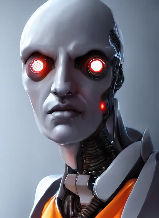 Image similar to bladerunner, cyberpunk, angled facial portrait of a bone ceramic caliente humanoid robot Spanish ninja with an attractive bald head and handsome features, large glowing eyes, macho, piroca, dotado, guapo, reflective surface, overwatch, trending on cgsociety, trending on artstation