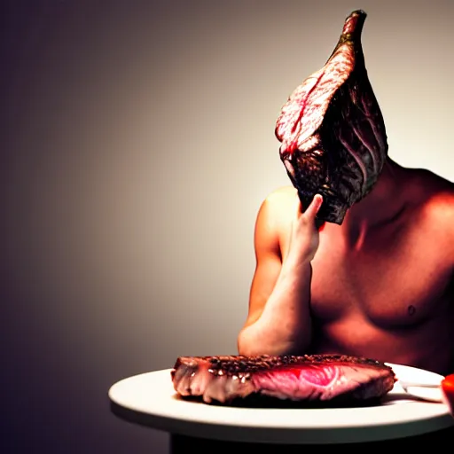 Prompt: photograph of a man with a Steak head begging for food, 8k resolution, high detail, ULTRA REALISTIC VFX, reflections