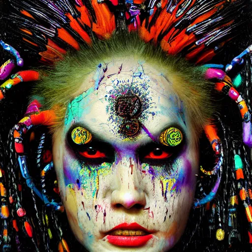 Prompt: ( high definition highly detailed baroque cyberpunk shamaness, varnished oil paint in bright colors on black background with small background color splatters, by katsuhiro otomo ) as high detail photograph, hyper realism