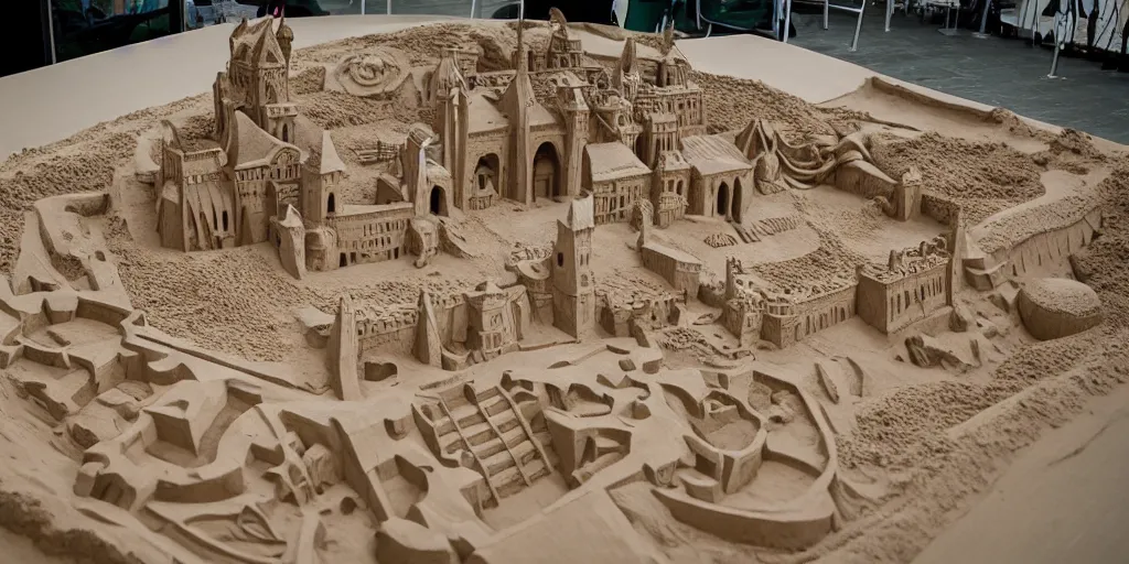 Prompt: photograph of a sand sculpture of a massive detailed medieval town