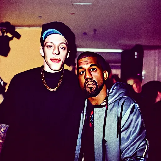 Image similar to Polaroid photograph of pete Davidson and kanye in a club, blurry, XF IQ4, 150MP, 50mm, F1.4, ISO 200, 1/160s, Adobe Lightroom, photolab, Affinity Photo, PhotoDirector 365,