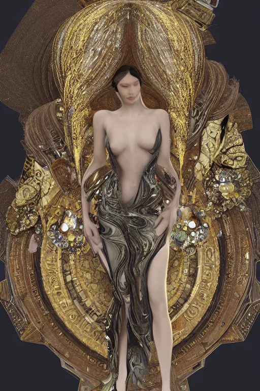 Image similar to a highly detailed portrait of a beautiful alien woman goddess bella hadid in iris van herpen dress in diamonds and fractals in style of alphonse mucha art nuvo gustav klimt dmt trending on artstation made in unreal engine 4